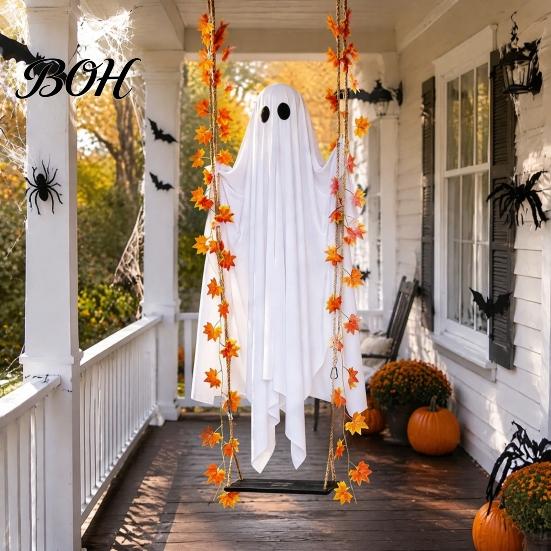 Fantasma di Tessuto Realistico Luminoso Appeso Oscillante Decorazione di Halloween con Telecomando, Grande Bianco Spettrale Ornamento Decorazione Giardino Esterno Foglie d'Acero