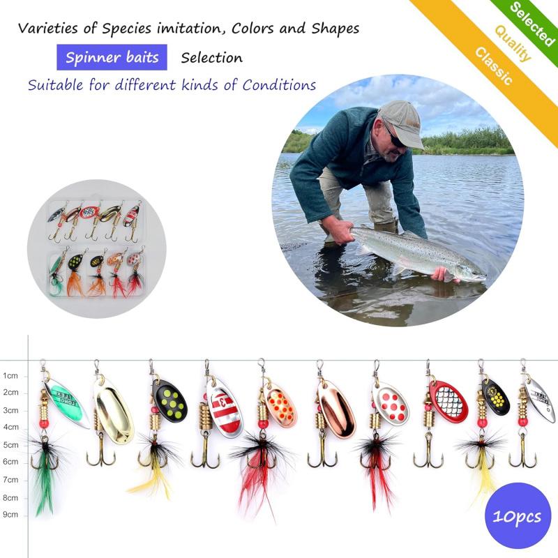 10Pcs Rotating Feather Fake Bait Rooster Tail 10cm with High Carbon Steel F.5g Special Storage Box for Bass And Salmon Fishing