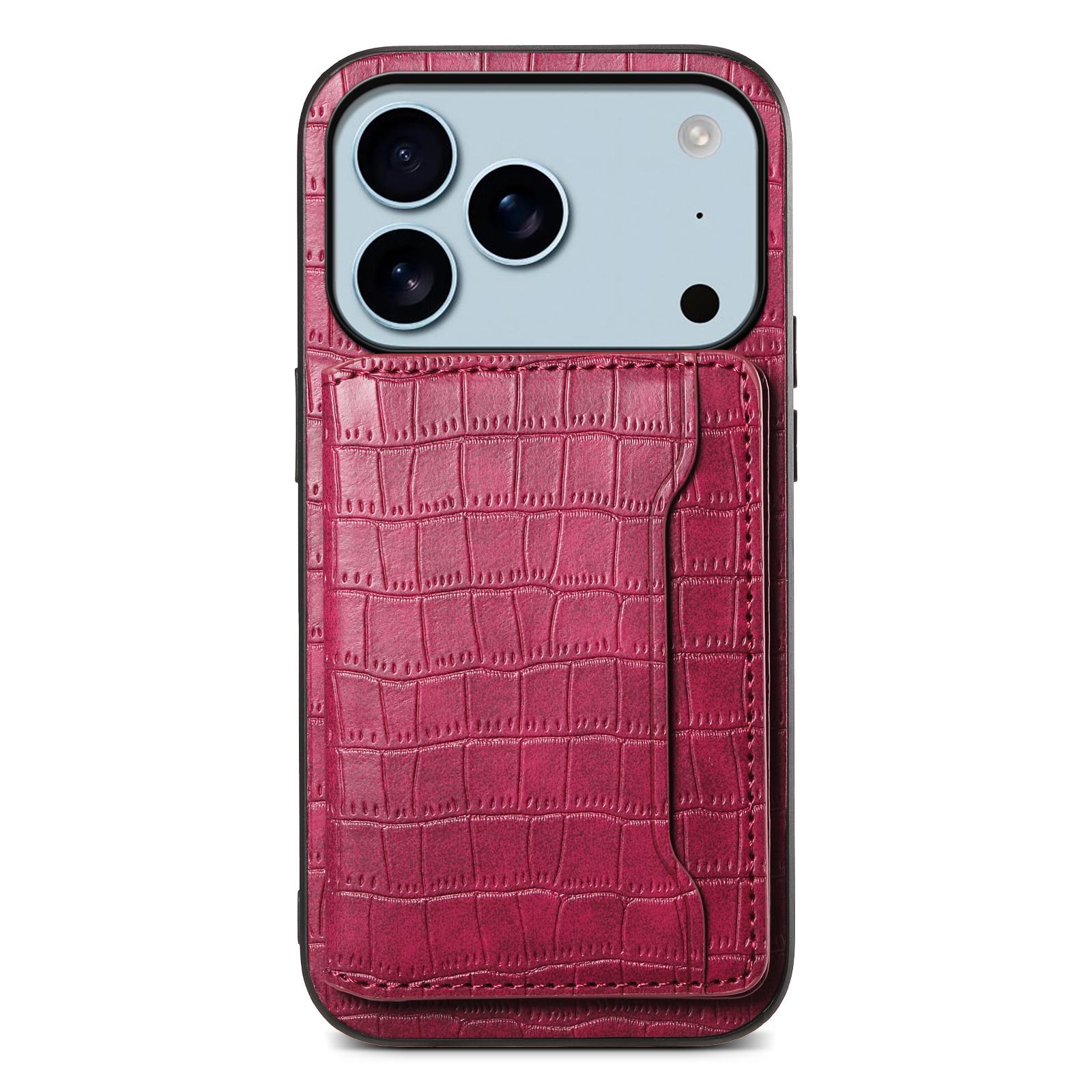 

For iPhone 17 Pro Case Card Holder Kickstand Crocodile Texture Leather Back Phone Cover Red