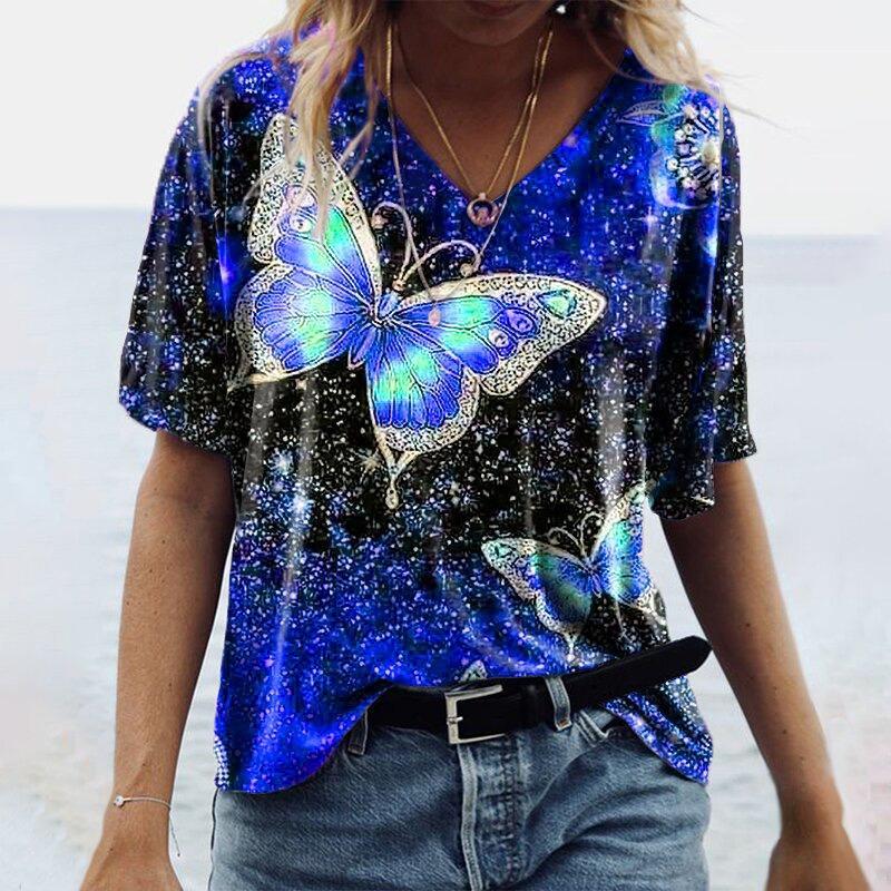 Summer Casual V-Neck Rainbow Printed Short Sleeve Women's T-Shirt Top