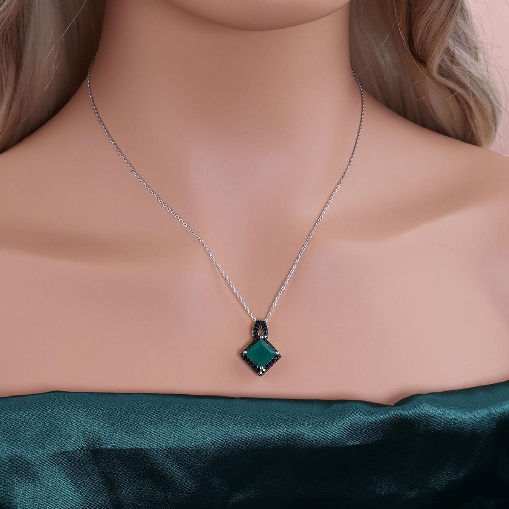 S925 Silver Natural Green Agate Real Gemstone Ring Pendant Necklace Elegant and Noble Fine Jewelry Set for Women Birthday Gift