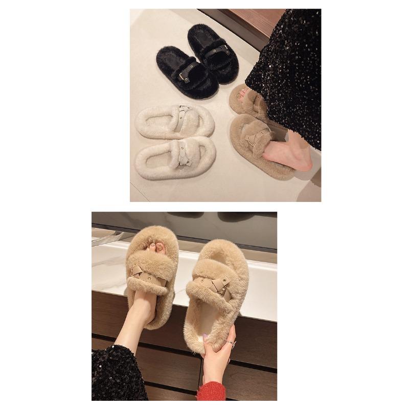 Women's Autumn and Winter New Fur Slippers Fashion Wear Belt Buckle Cotton Slippers