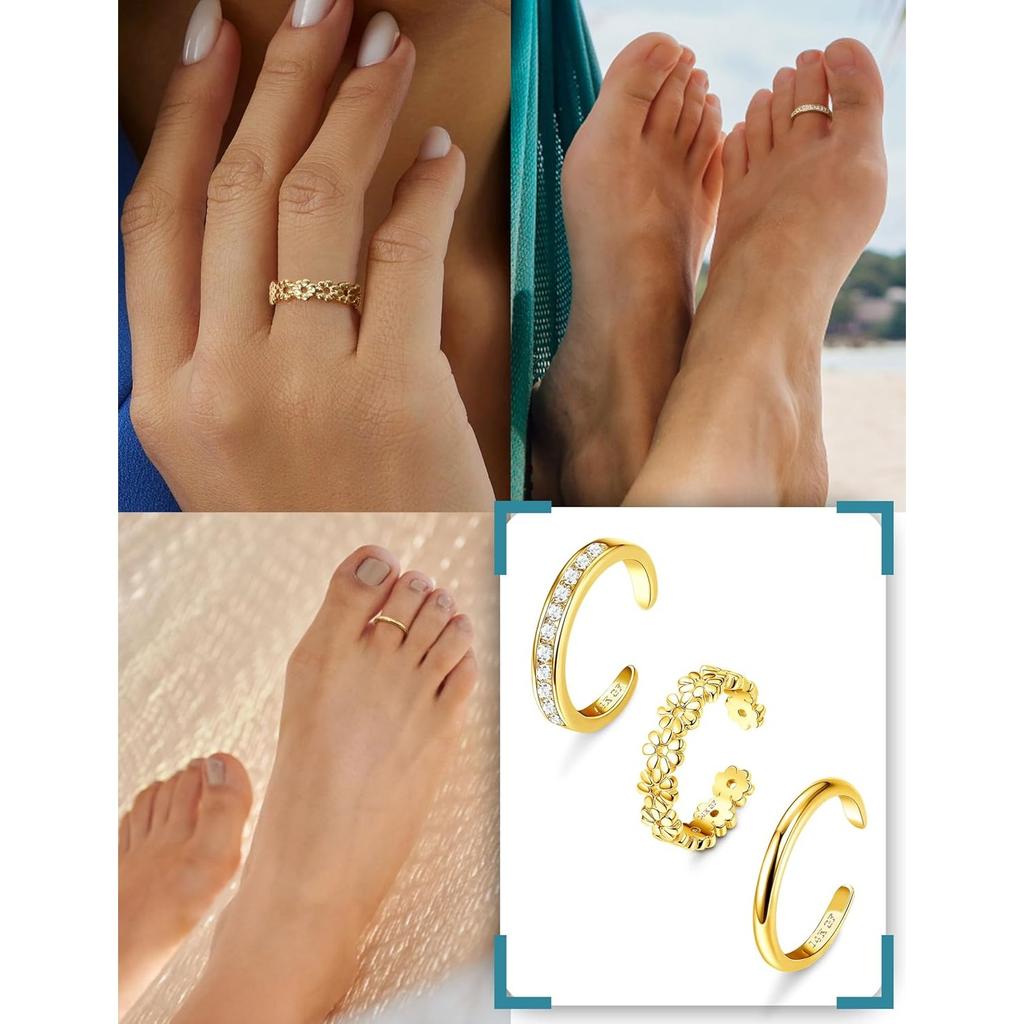 Bobisty 1/3 Pezzi Anelli per Dita dei Piedi Placcati Oro 14K per Donne Non Macchiabili Regolabili Fiore CZ Delicato Anello per Dita dei Piedi Gioielli per Piedi Estivi da Spiaggia