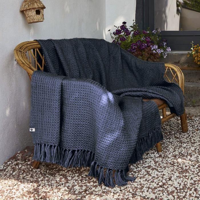 Plaid - Gabin - Bleu Marine - 180 X 220 Cm - 100% PET - Franges 10 Cm