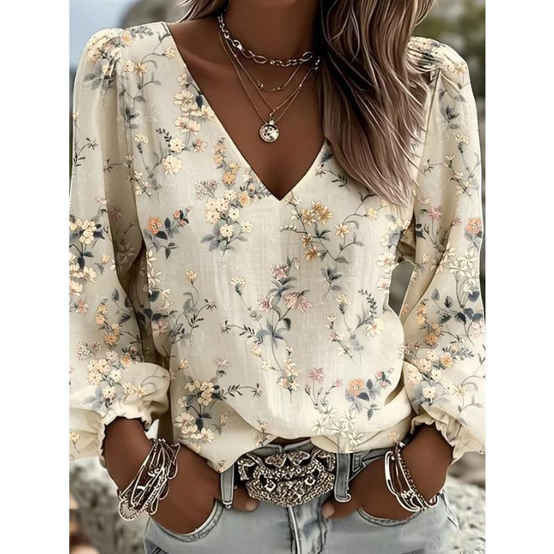 Damen S V-Ausschnitt Floral Chiffon Hemd Lockerer Sitz Langarm Bluse