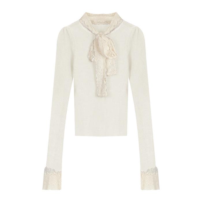 Французский темперамент кружевной бант со свитером внутри женский зимний черный короткий облегающий one size fits all