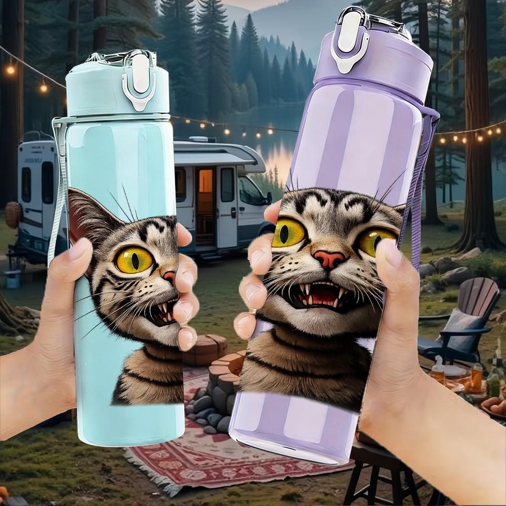 1PC Whimsical Street Cat 750ml Color Plastic Sports Water Bottle Leakproof Flip Straw Lid Suitable for Sports Office Home Use
