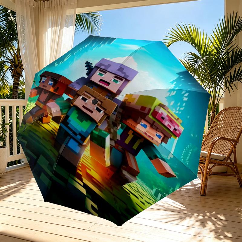 Sandbox Game Print Automatic Open Close Umbrella, Portable Foldable Umbrella, for Outdoor Commute Camping Trip, Ideal Birthday Gift