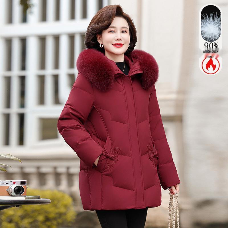 

Women s Winter Down Coat with Fur Collar - Hooded, White Duck Down, New Style for Middle-Aged & Elderly 5XL (135-150 jin)