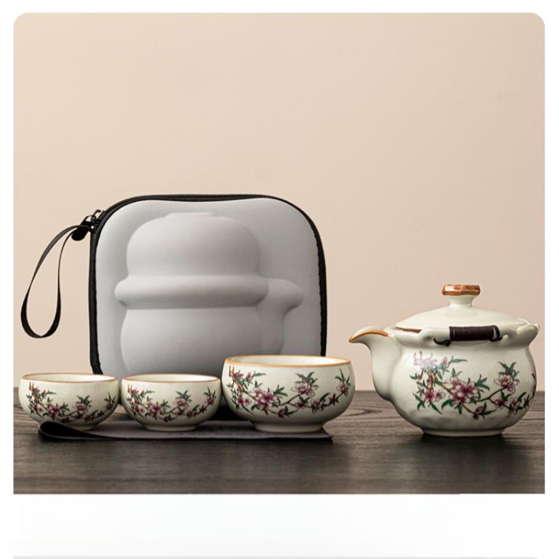 Ru Kiln One Pot Three Cups Outdoor Camping Travel Tea Set Portable Bag Teapot Teacups for One Person Use Fast Guest Cups