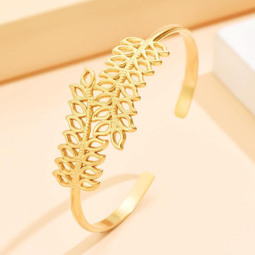 Elegant Hollowed-out Leaf Stainless Steel C-shaped Open Bangle Bracelet for Women
