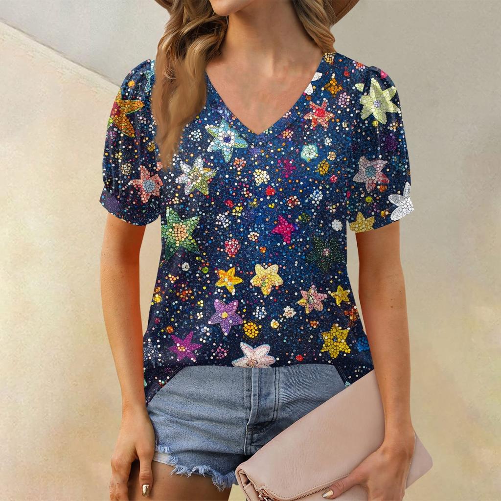 Damenmode Blumendruck Top Puff Kurzarm V-Ausschnitt T-Shirt Lose Casual T-Shirt