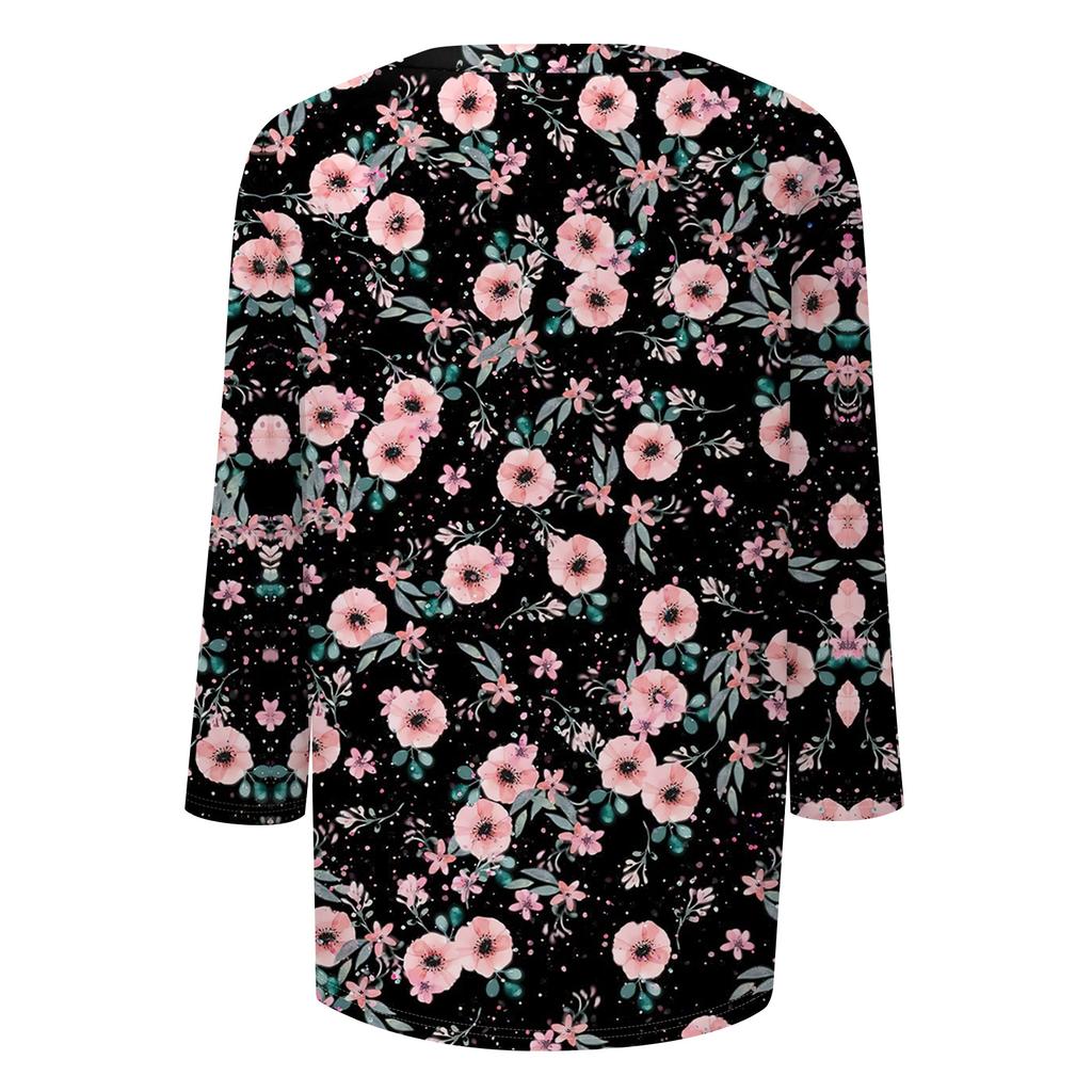 Women's Fashion Casual Round Neck 3/4 Sleeve Loose  Printed T-Shirt Ladies Top