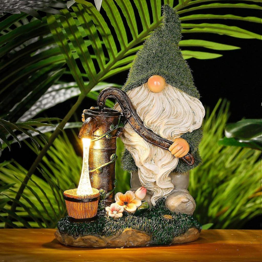 Garden Ornaments Outdoor  Funny Gnome Pumping Water with Solar Lights for Garden Decorations, Waterproof Resin Flocked Statues