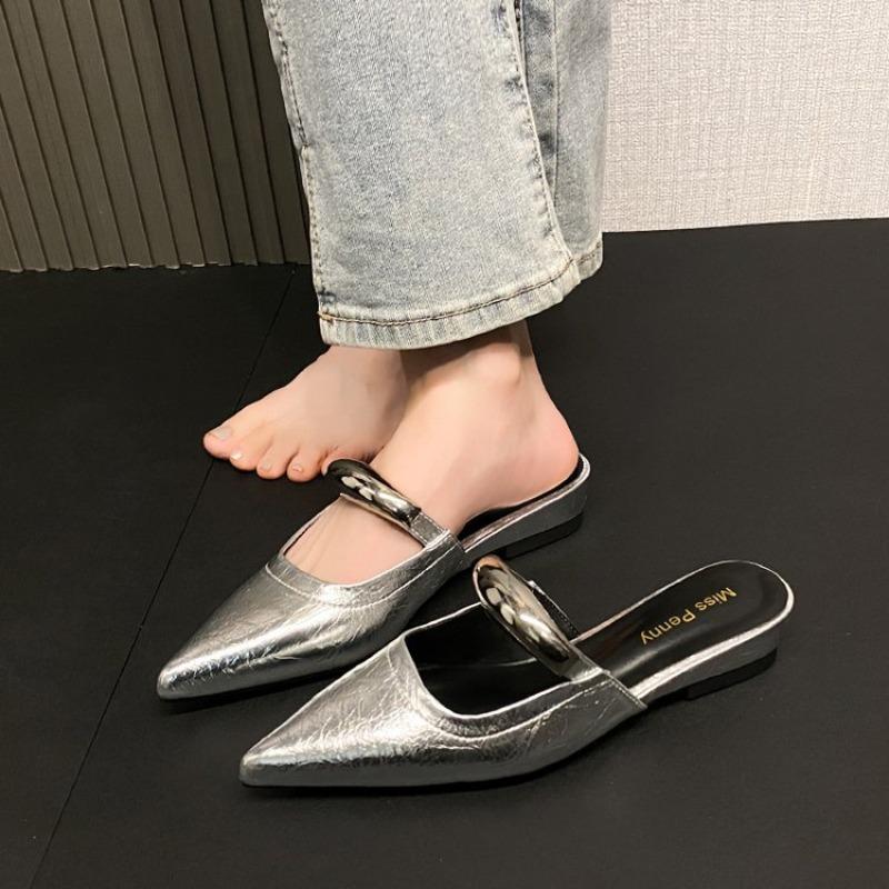 Fashion 2025 New Style Women's Summer Cover Slippers Fashion Metal Decoration Thick Heel Slide Shoes Comfort Style Footwear