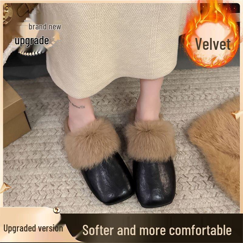 Women's Brown Retro Flat-Sole Fluffy Winter Slippers - 2026 Non-Slip Warm Cotton, Outdoor-Ready