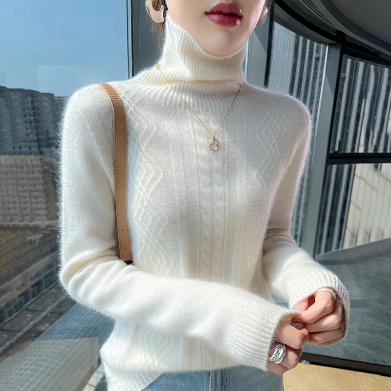 Women's High Neck Cable Knit Wool Sweater - Slimming Long Sleeve Cashmere Top
