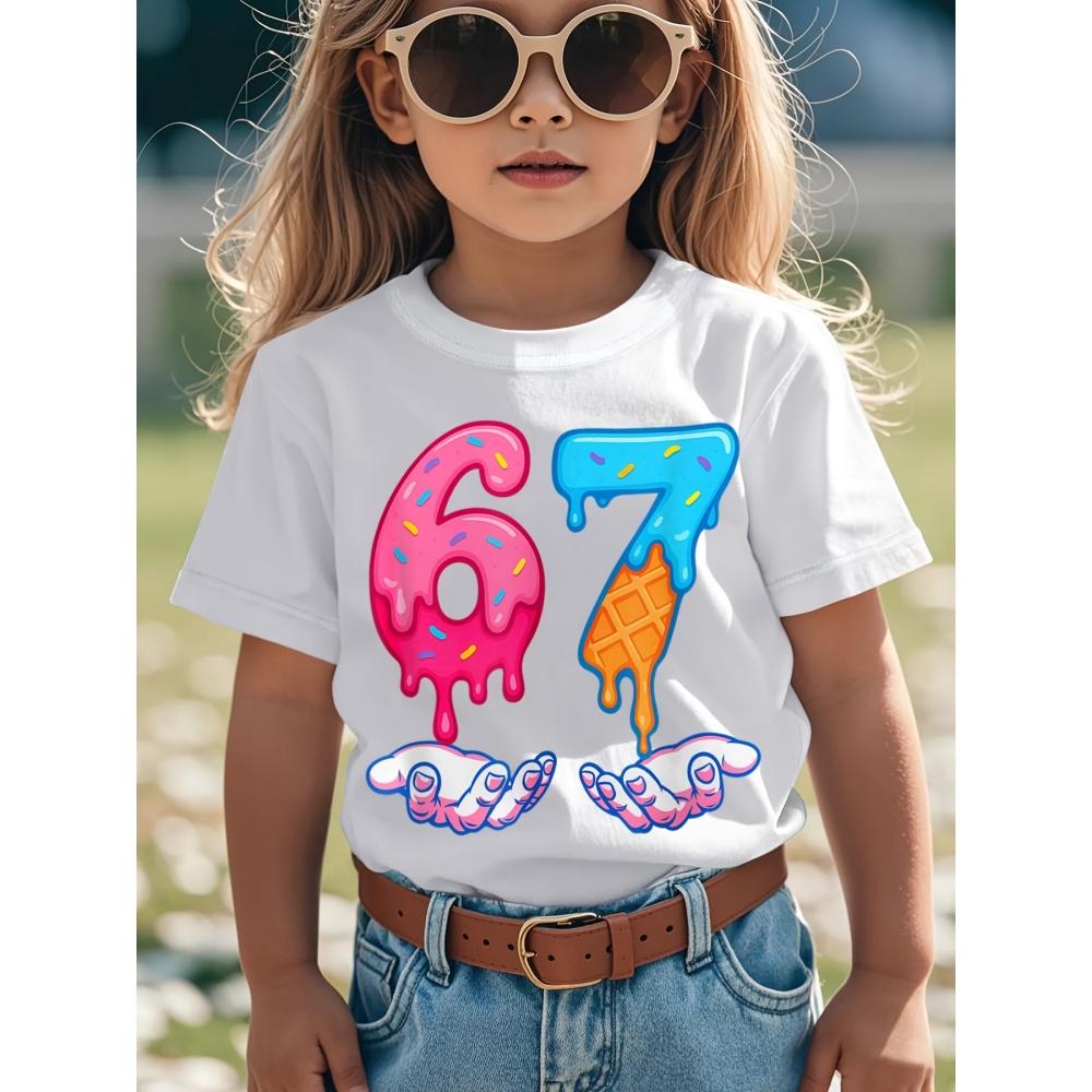 Fashion Girls Clothing Cute Pink Stripe Star Number "67" 3D Digital Print Specially Designed Short Sleeve Kids Clothes Girls