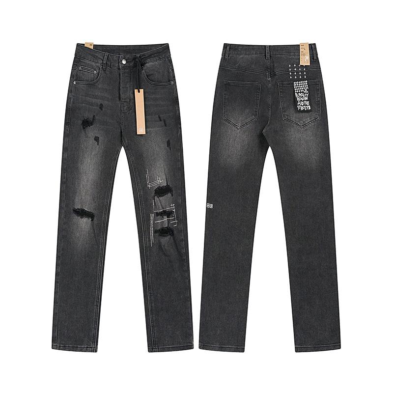 Men s Black Washed Distressed Straight Leg Jeans, Ripped Patchwork Denim Pants 30