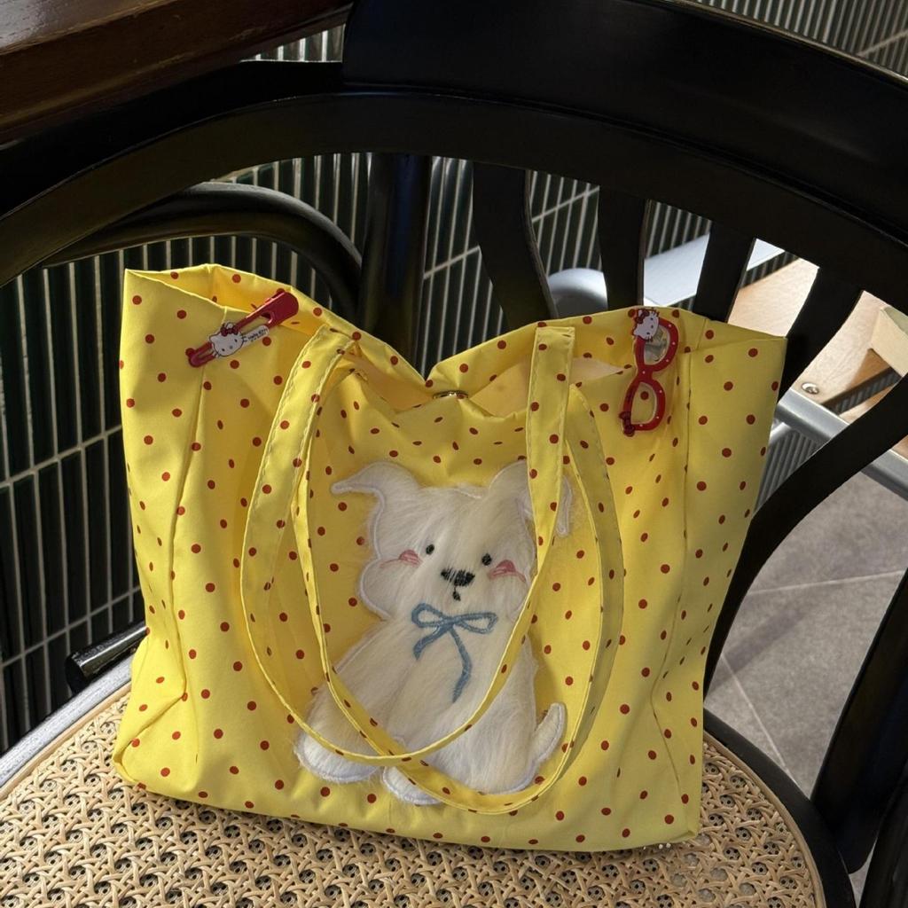 Cute polka dot puppy shoulder bag girls summer travel large capacity shopping handbag students large class bag