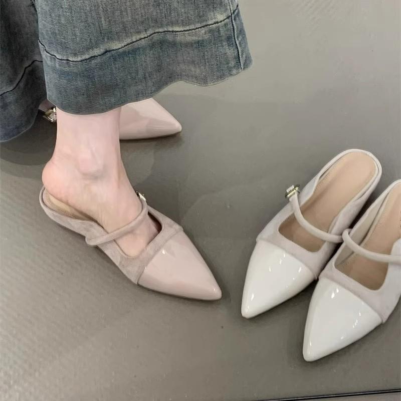 Fashion Low Heel Baotou Slippers Summer New Pointed Head Splicing Flannelette Metal Buckle Anti-slip Wear-resistant Flat Shoes