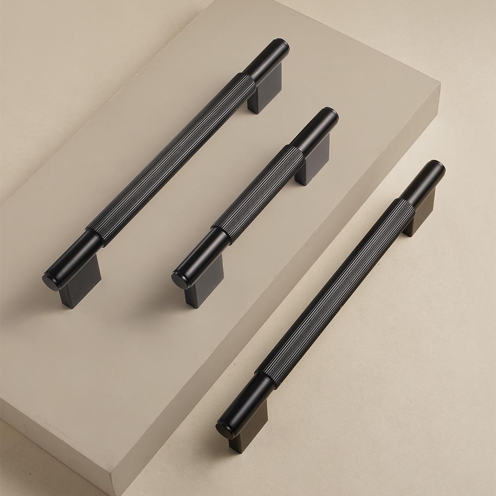 Dooroom Solid Brass Straight Grain Pattern Black Modern Style Cabinet Refrigerator Door Pull Drawer Knobs Hardware Handles