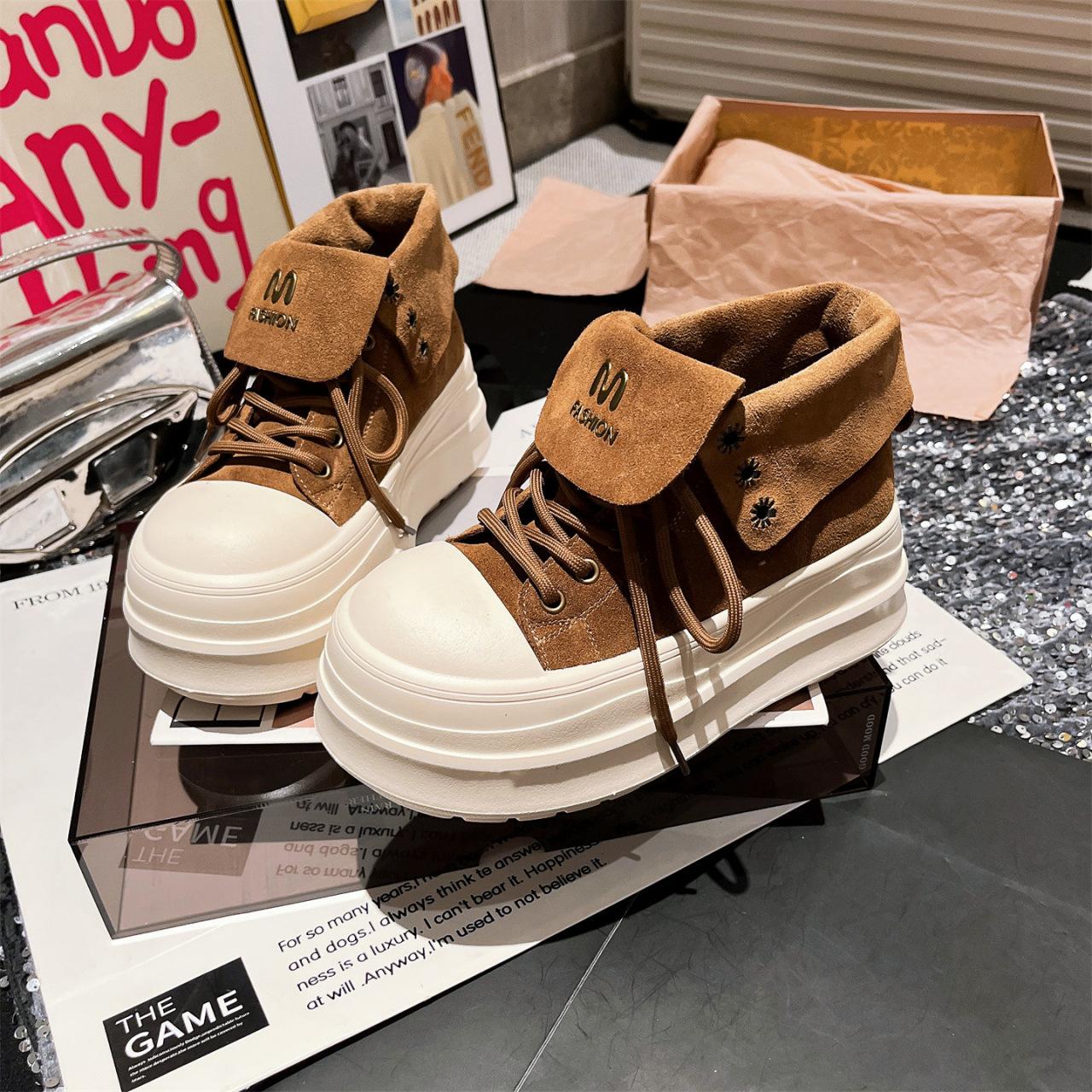 

2025 new matte leather lapel two wear lace-up platform muffin biscuit shoes short boots casual high-top shoes women s shoes 40 верблюд