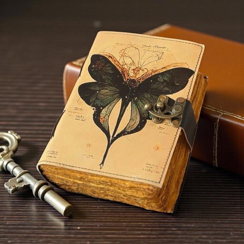 Butterfly Leather NoteBook of Shadows Leather Grimoire, Witchcraft Spellbook, Wiccan Pagan Journal, Gothic Occult Diary, Handmade 7 x 5 inch / 100 page