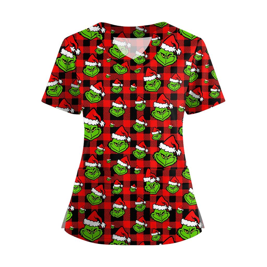 Women's Short Sleeved Christmas Printed V-neck Buttonable Side Slit Top T-shirt