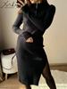 Zipper Knitted Dresses Women 2024 Autumn Winter Half Turtleneck Long Bodycon Solid Dress For Women Thigh Midi Slit Dresses
