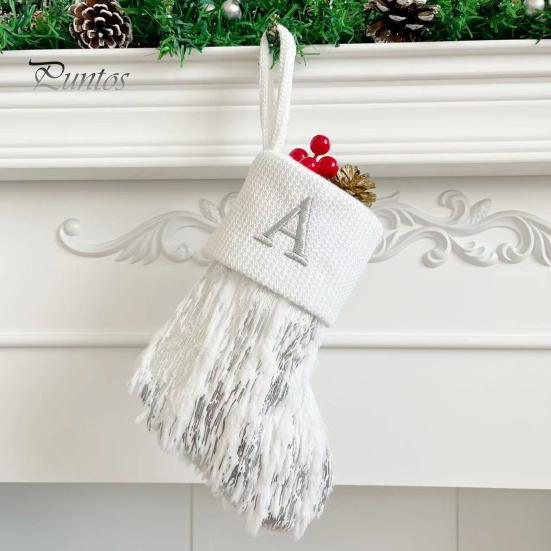 1Pc Christmas White Stocking Letter Embroidery Knitted Handmade Reusable Xmas Tree Hanging Gift Bag Stocking Pendant Party Holiday Decoration