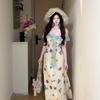 French Print One-word Shoulder Sleeveless Dress Women's Summer Seaside Vacation Waist Thin Unique Beautiful Long Skirt