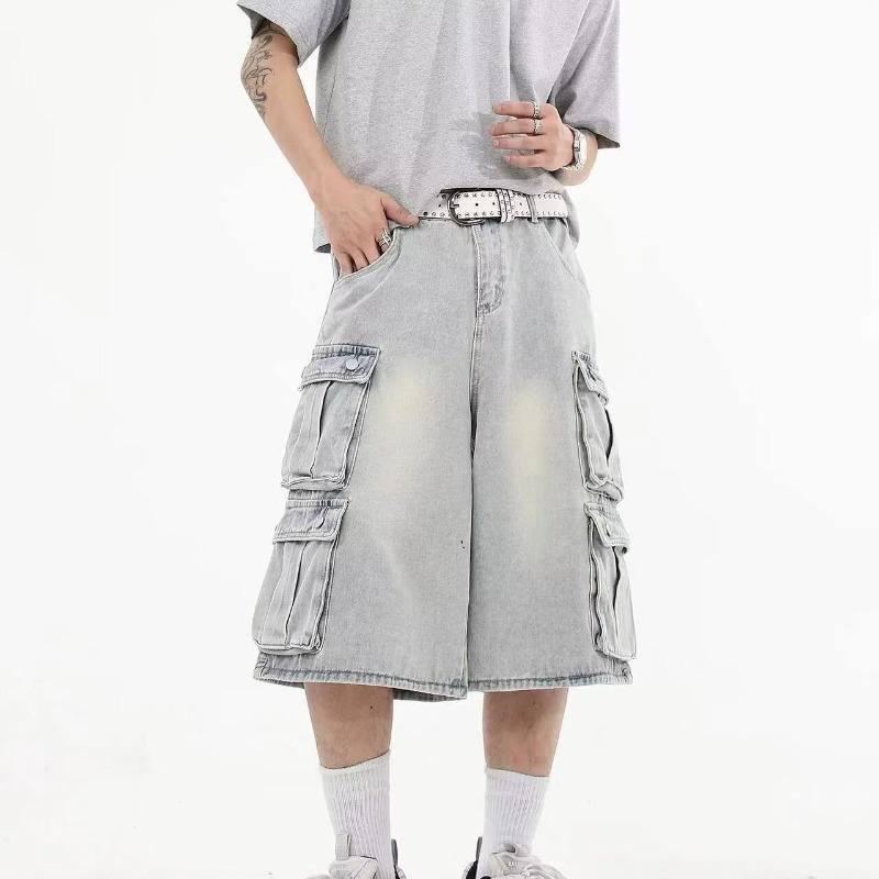 2025 American Retro Unisex Wide-Leg Washed Denim Cargo Shorts with Multi-Pockets
