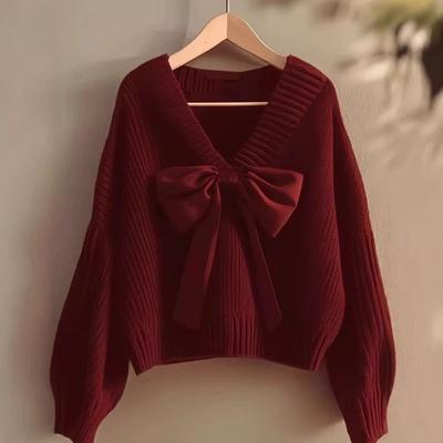 New Bow Purple Knitted Sweater Lazy Style Fashion Women's Autumn New Unique Good-looking Top
