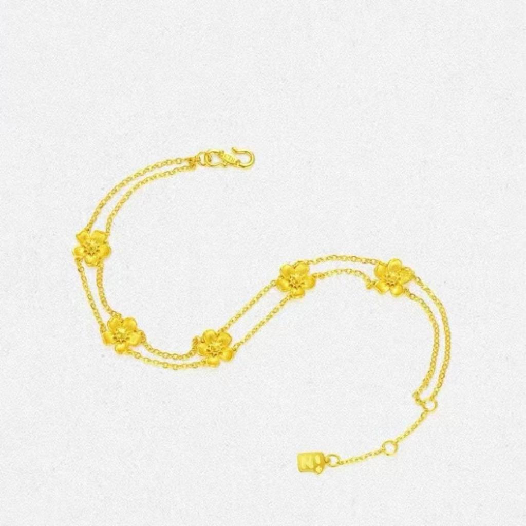 Gyllene Körsbärsblom Dubbellager Armband: Lyxiga Imitation Sandguld Blommiga Smycken Gåva för Kvinnor.