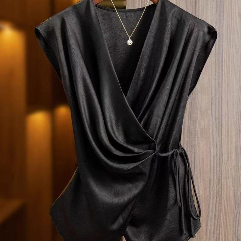 Elegant Casual Blouses V-neck Short-sleeved Open Placket Waist Tie Glossy Champagne Sedin Spring and Summer Women's Shirt