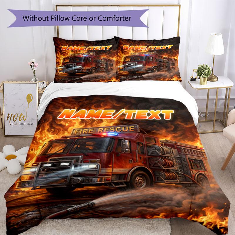 3PC Custom Name Fire Truck Heroic Scene Bedding Set Duvet Cover Closure Includes 1 Duvet Cover & 2 Pillowcases for Bedroom