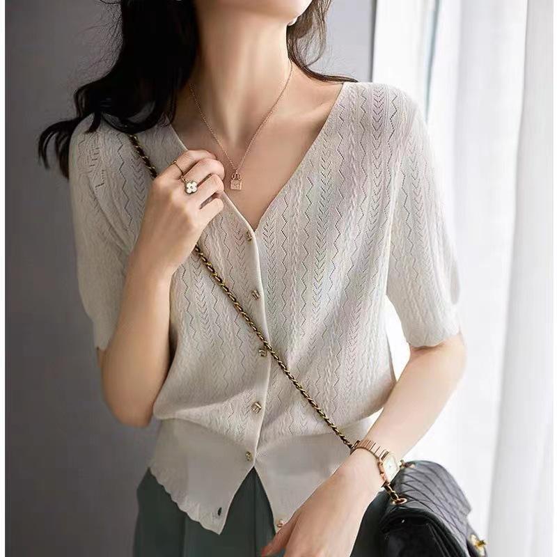 Women's Ice Silk Knit Hollow Out Cardigan & Skirt Set - Summer Short Sleeve Loose Fit