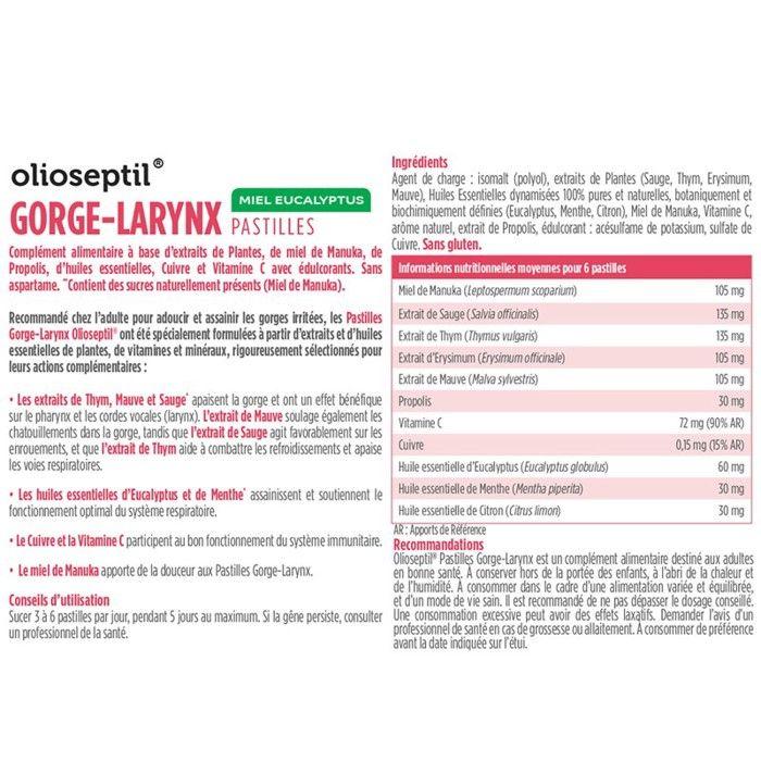OLIOSEPTIL® Pastilles à Sucer Gorge-Larynx - Apaise et Assainit la Gorge - Sans Sucres Ajoutés - Extraits de Plantes, Vitamine C, Cu