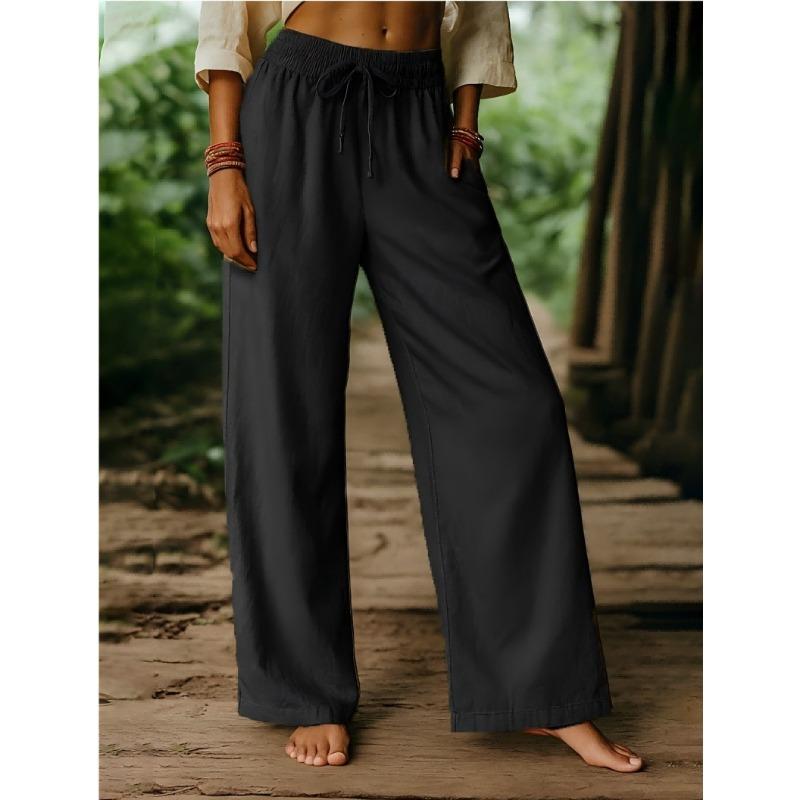 Women S Solid Color Wide Leg Elastic Waist Casual Trousers S