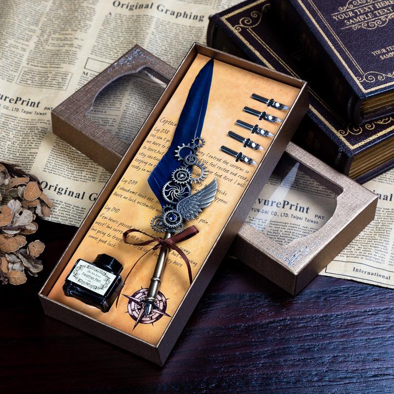 Retro Mechanical Calligraphy Feather Pen and Ink Set Glittering Quill Pen with Antique Dip Pen Metal Calligraphy Set with Ink