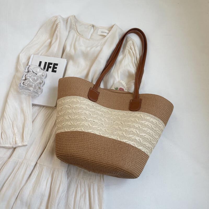 OGAR Large Straw Beach Shoulder Bucket Bag Straw Bag
