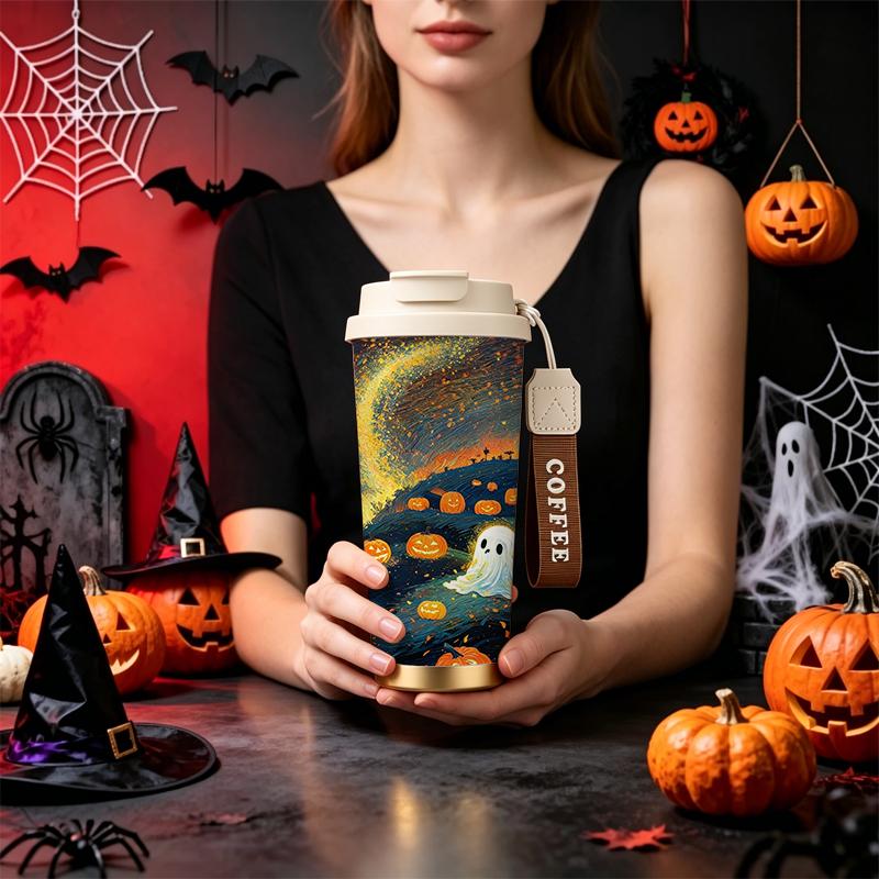 Halloween Coffee Cup 532ml Oil Pumpkin Field Ghost MotifMetal Travel Cup Large Capacity Tea Cup Double Wall Insulated Cup Coffee Cup 532ml