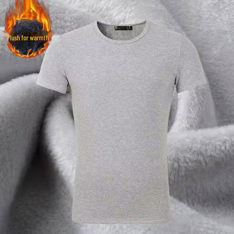 Men's Autumn Slim Fit Round Neck Thickened Solid Color Short-Sleeve T-Shirt with Velvet, Large Size.