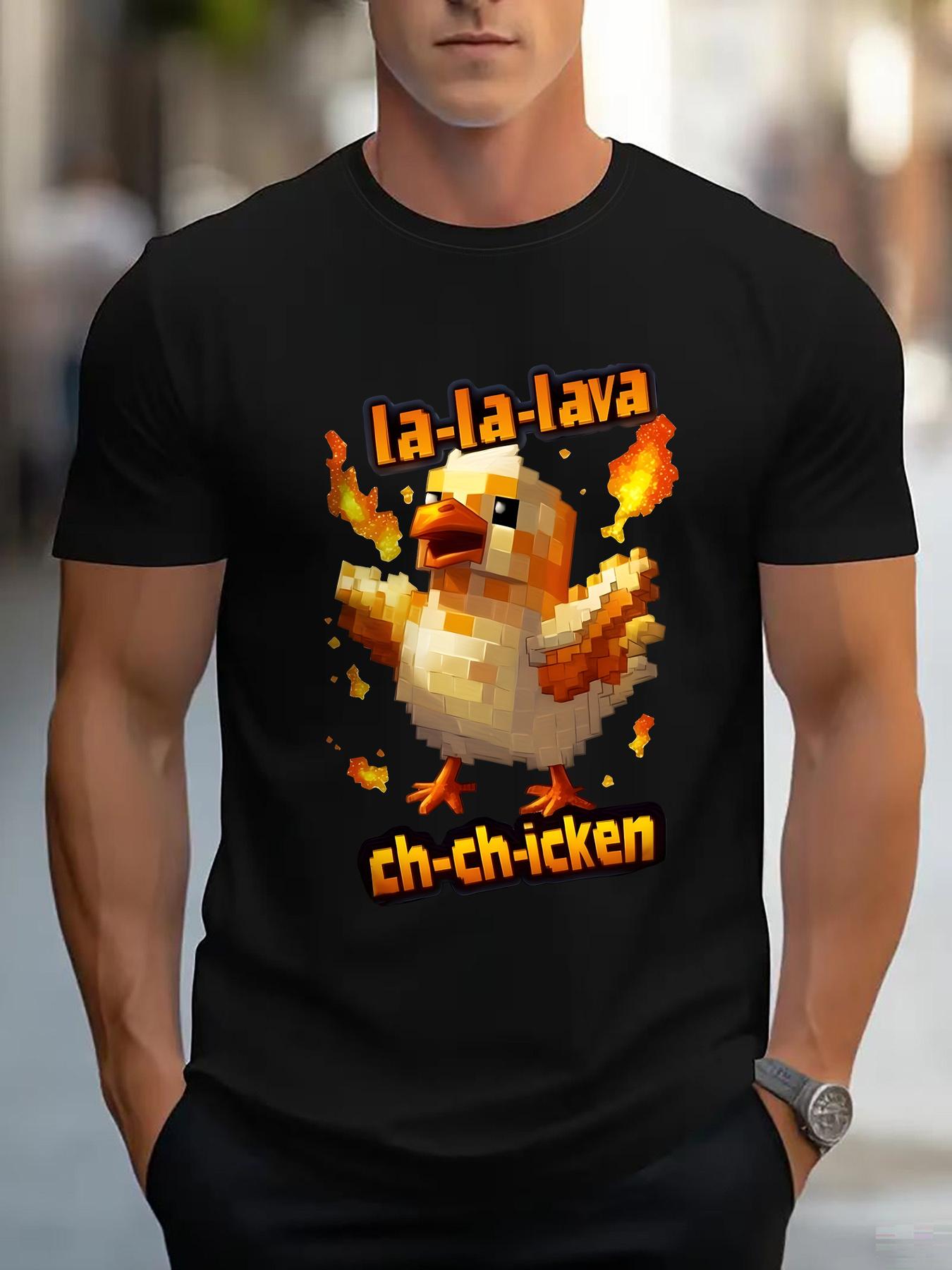 Steves Lava Chicken Men s Graphic Tee - Short Sleeve Tee with Bold Flame and Cartoon Chicken Graphic XS
