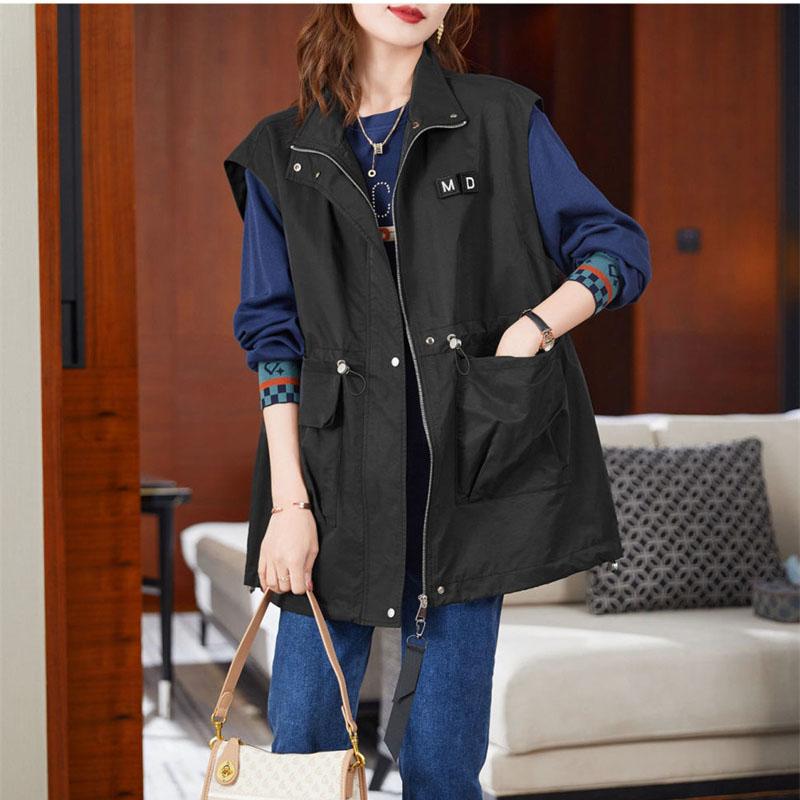 

Жилеты Женские Корейский Воротник-стойка Без рукавов Куртка Весна Лето Свободное Пальто на молнии Мода Большой размер Свободный Жилет Женский 4XL чёрный