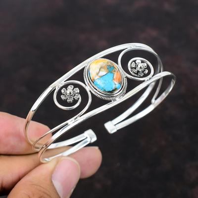 Spiny Oyster Copper Turquoise Bangle Handmade Jewelry Adjustable Bangle 925 Sterling Silver Cuff Bracelet Gift For Him Real Gemstone Bangles