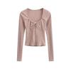 Thin Long Sleeve T-shirt Solid Color Lace Up T-shirt Soft Sweet Slim Tops  Women