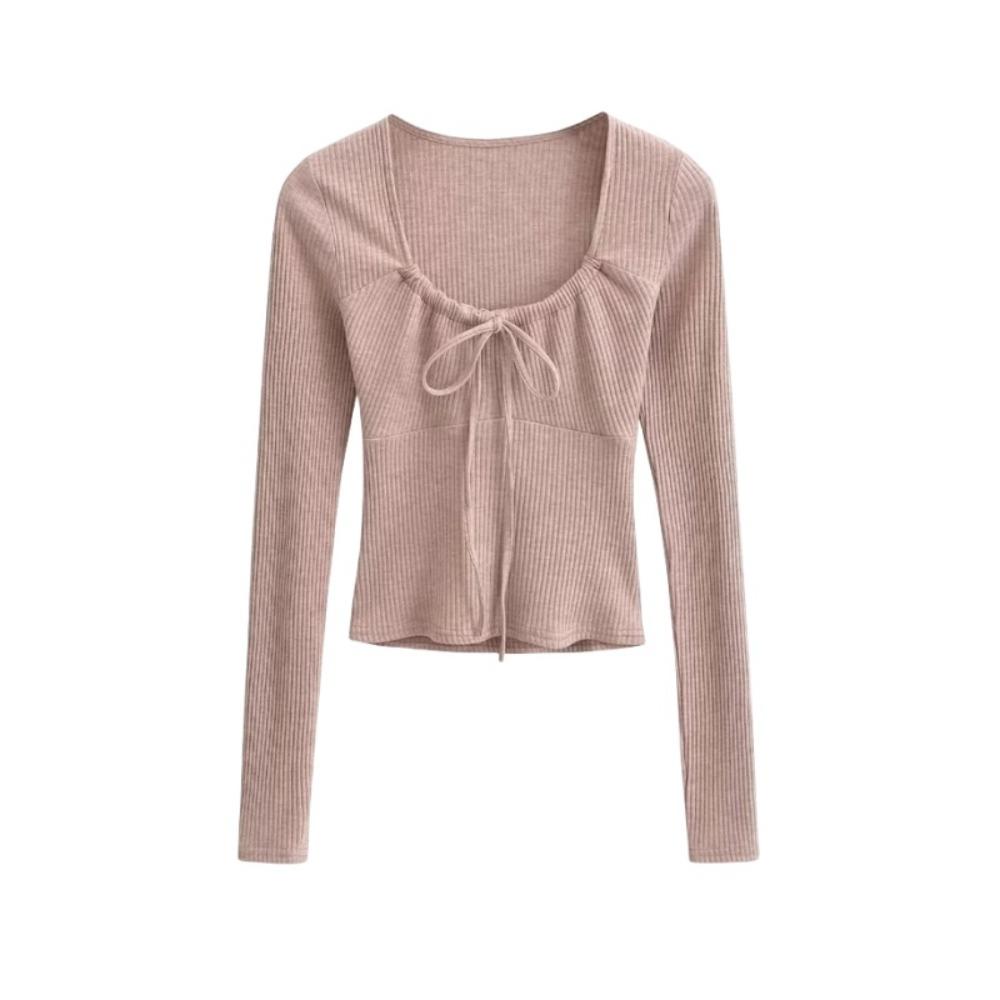 

Топы с квадратным вырезом, милые, облегающие, однотонные, на шнуровке, модный дизайн, футболка с длинным рукавом, женские L розовый