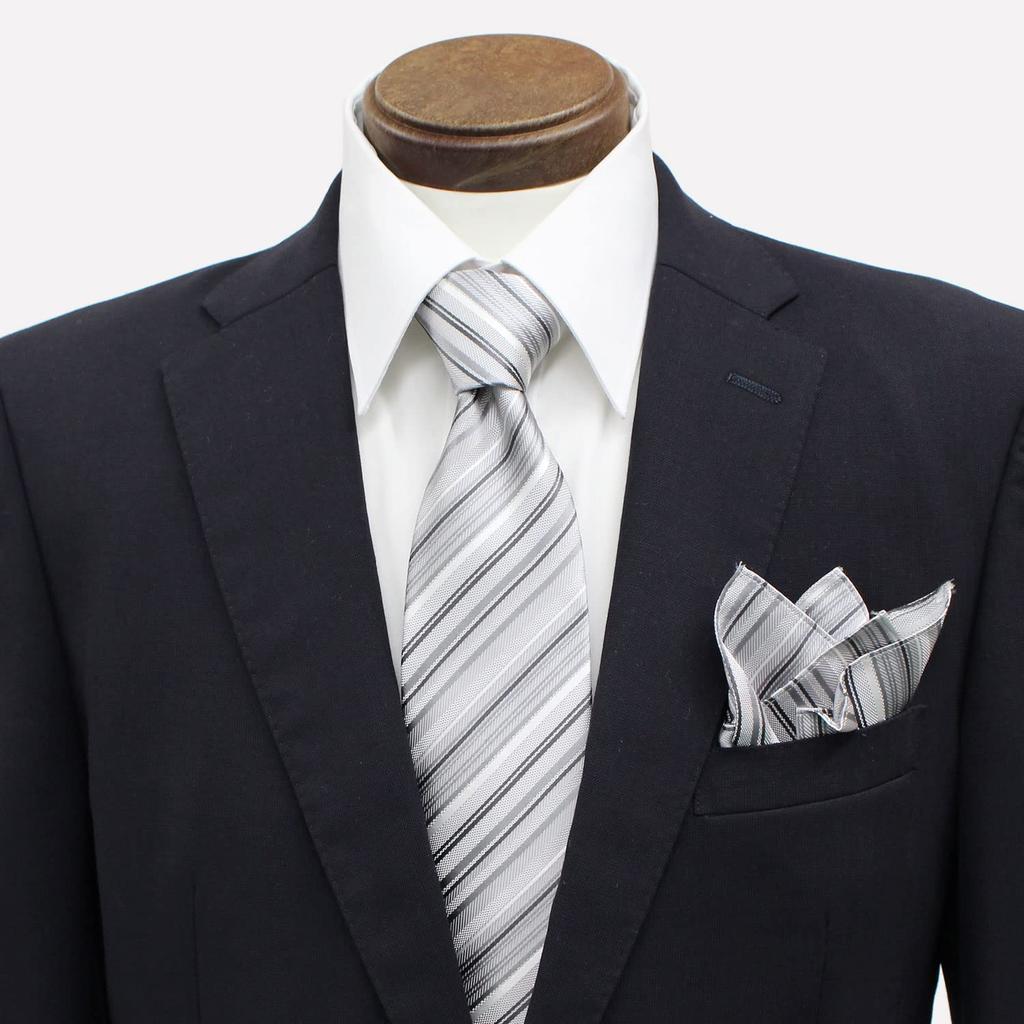 Gran creer Tie and Pocket Square Wedding Made in Fujiyama Gran creer x Set, Formal, Silk, Japan, Weave, (Multi-Stripe Silver)